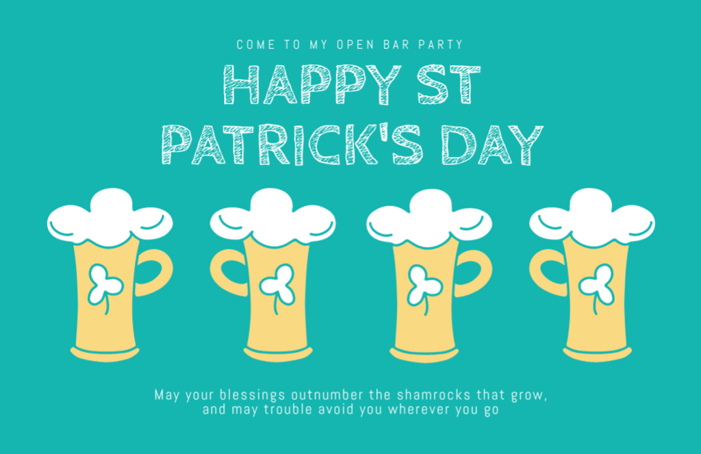 St. Patrick's Day Greetings with Beer Mugs on Blue Thank You Card 5.5x8.5in Design Template