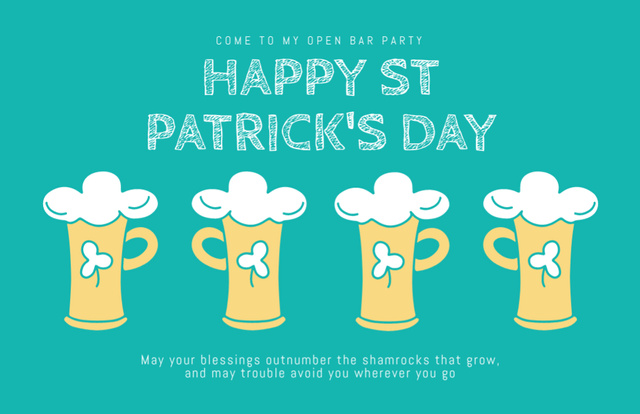 St. Patrick's Day Greetings with Beer Mugs on Blue Thank You Card 5.5x8.5in Design Template