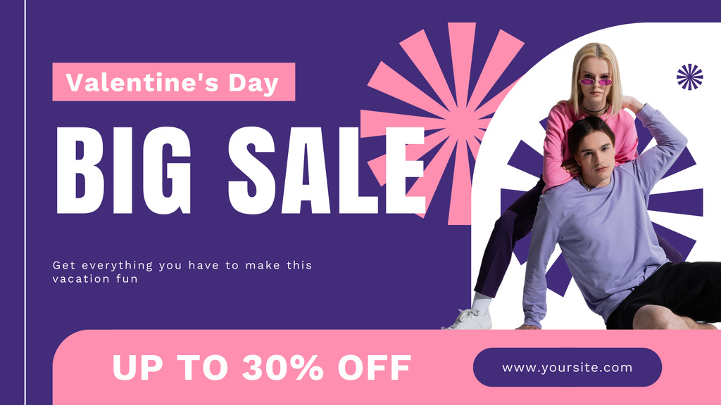 Big Valentine's Day Sale with Couple in Love In Purple FB event cover Design Template