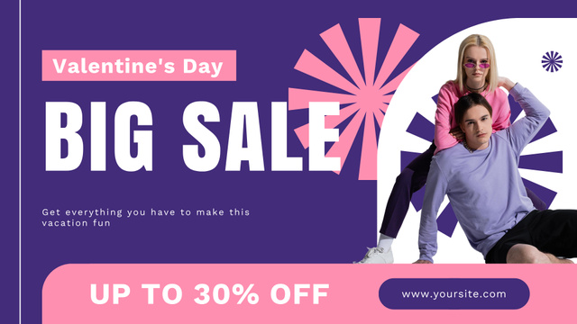 Big Valentine's Day Sale with Couple in Love In Purple FB event cover Design Template