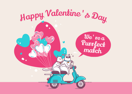 Happy Valentine's Day Greetings with Cute Cats on Scooter Card Design Template
