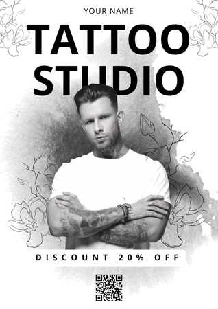 Impressionante estúdio de tatuagem com desconto e código Qr Poster Modelo de Design