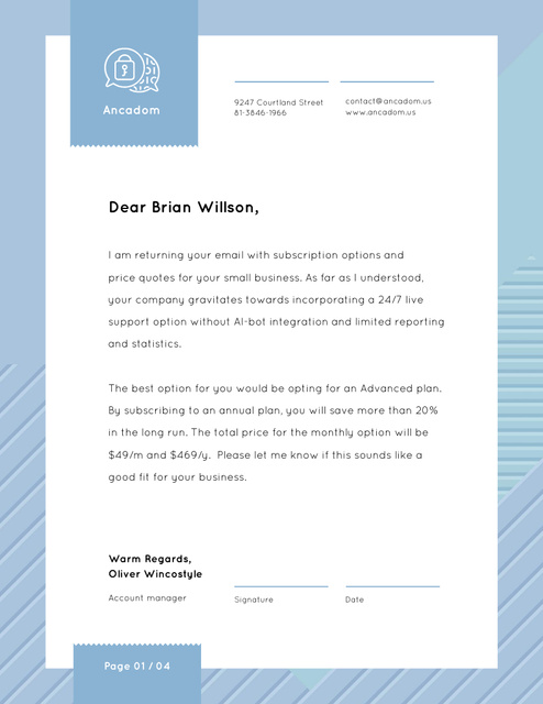 Subscription Services Offer In Blue Letterhead 8.5x11in Design Template