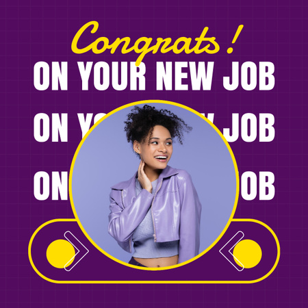 Plantilla de diseño de Felicitaciones por el nuevo trabajo para una mujer afroamericana en púrpura LinkedIn post 