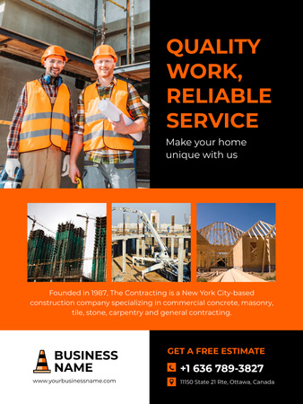 Építőipari szolgáltatások hirdetése mosolygó építőkkel Poster US tervezősablon