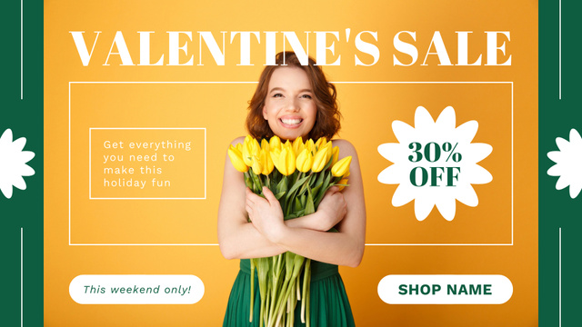 Valentine Day Sale with Happy Woman with Tulips FB event cover – шаблон для дизайну