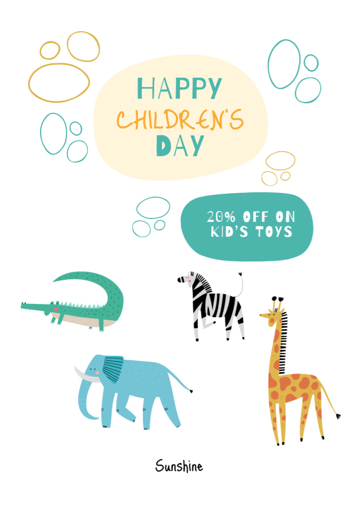 Children’s Day And Discount For Toys with Animals Postcard 5x7in Vertical Design Template