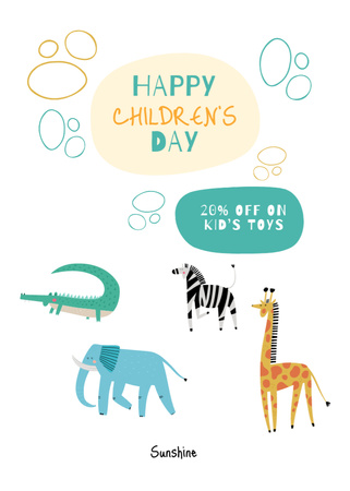 Children’s Day And Discount For Toys with Animals Postcard 5x7in Vertical Design Template