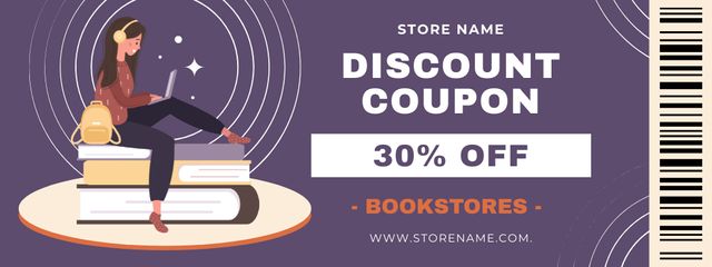 Ontwerpsjabloon van Coupon van Young Reader on Purple Ad of Bookstore's Discount