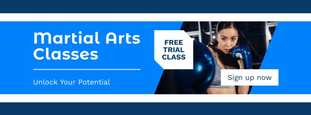 Martial Arts Classes Ad with Woman on Boxing Training Facebook cover Modelo de Design