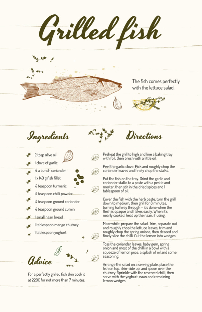 Grilled Fish Recipe Illustration Recipe Card Design Template