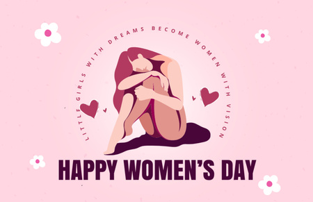 Women's Day Greeting with Illustration of Girl on Pink Thank You Card 5.5x8.5in – шаблон для дизайну