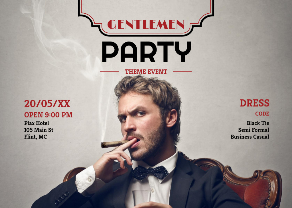Designvorlage Gentlemen Party Invitation with Handsome Man with Cigar für Flyer 5x7in Horizontal