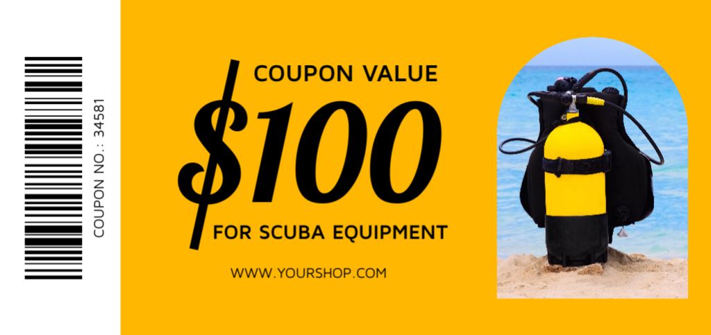 Scuba Diving Ad with Apparel in Yellow Coupon Din Large Tasarım Şablonu