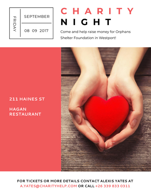 Charity Event with Red Heart in Hands with Red Heart Poster 8.5x11in Design Template