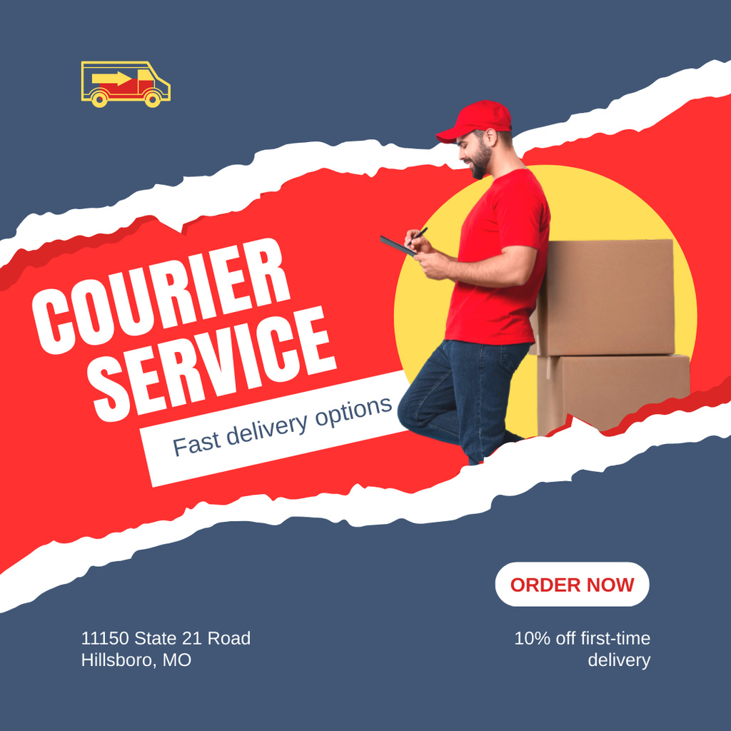 Courier Services Promotion on Red and Blue Instagram AD Tasarım Şablonu