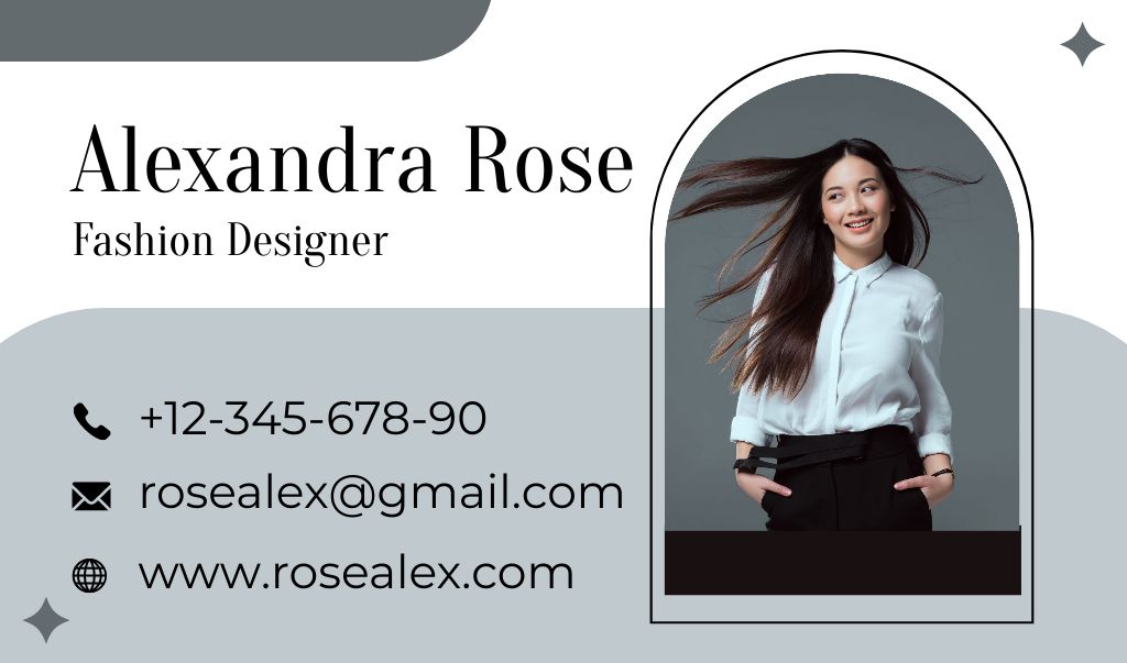 Fashion Designer Intro Card with Attractive Asian Woman Business cardデザインテンプレート