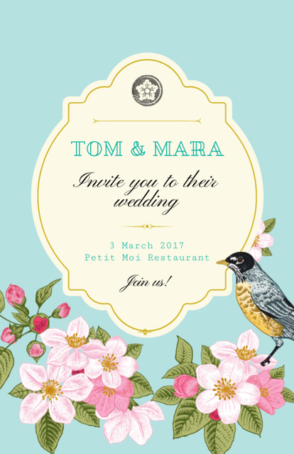 Szablon projektu Wedding Announcement With Flowers And Bird on Blue Invitation 5.5x8.5in