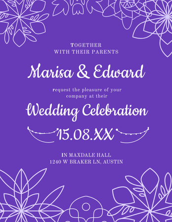 Wedding Invitation with Illustration of Flowers on Purple Flyer 8.5x11in Design Template
