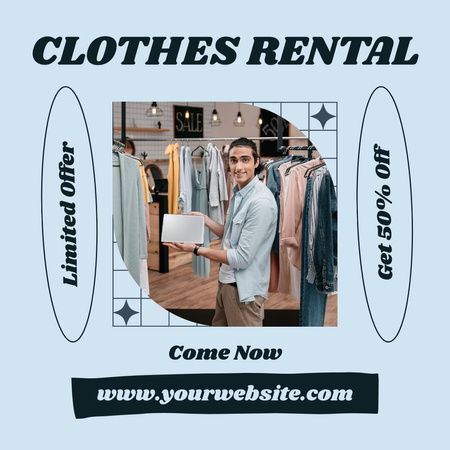 Rental clothes service shop blue Instagram ADデザインテンプレート