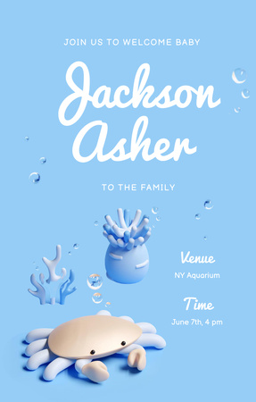 Baby Shower Announcement with Cute Crab Invitation 4.6x7.2in Design Template