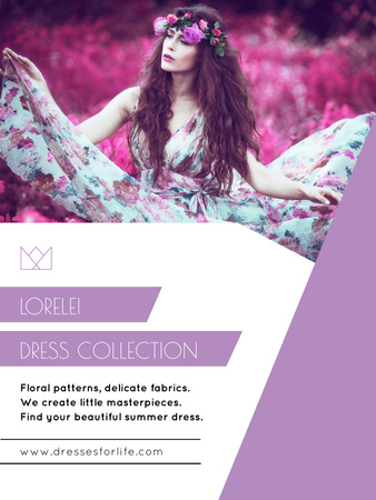 Fashion Ad with Woman in Floral Dress in Purple Poster US Tasarım Şablonu