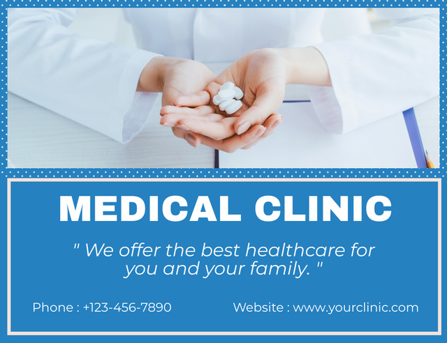 Clinic Ad with Pills in Doctor's Hands Thank You Card 5.5x4in Horizontal Design Template