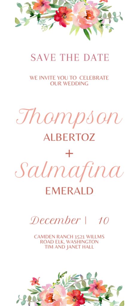 Wedding Announcement with Red Watercolor Flowers Invitation 9.5x21cm Modelo de Design