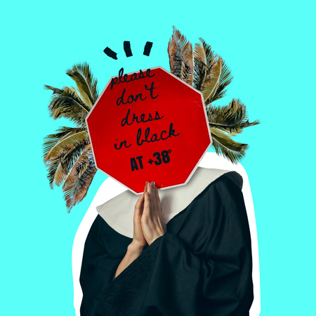 Funny Illustration of Praying Nun and Palm Leaves Instagram Design Template