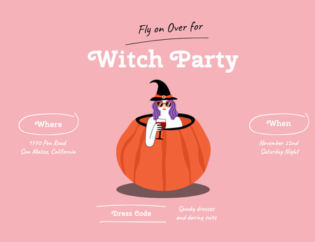 Plantilla de diseño de anuncio de fiesta de halloween con bruja linda y calabazas Invitation 13.9x10.7cm Horizontal 