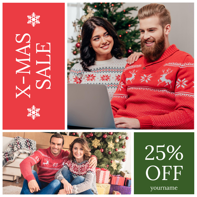 Christmas Sale Happy Couples With Presents and Laptop Instagram AD Design Template