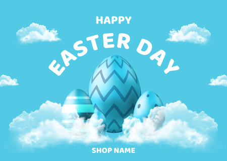 Platilla de diseño Easter Day Greeting with Blue Dyed Eggs and Clouds Card