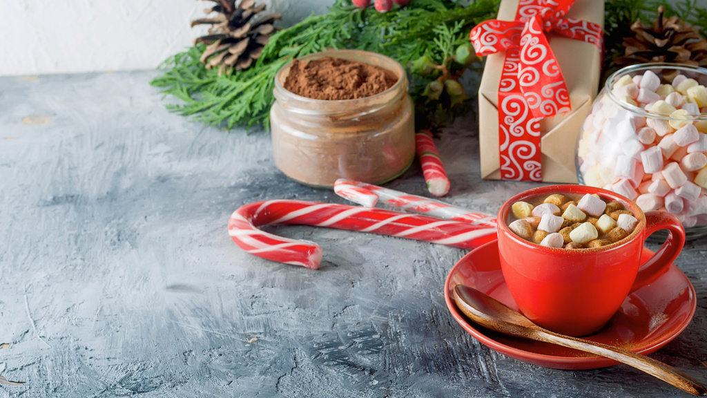 Plantilla de diseño de Fragrant Cocoa with Marshmallows in Red Cup Zoom Background 