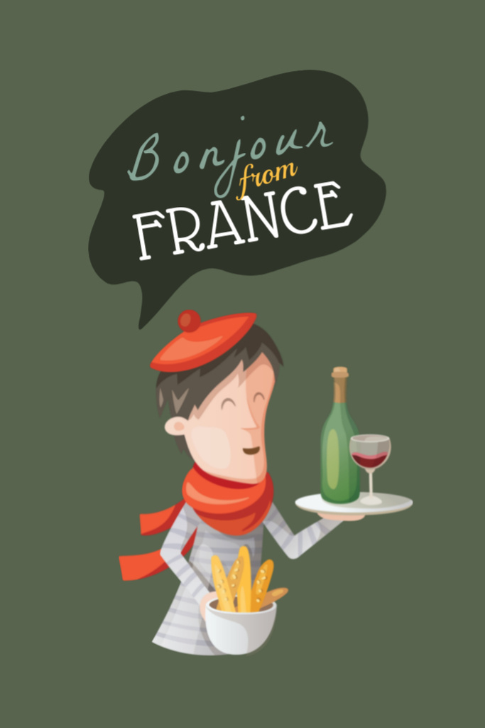 France Inspiration with Illustration on Green Postcard 4x6in Vertical Design Template