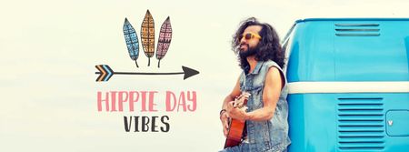 Hippie Day Celebration with Man playing Guitar Facebook cover Tasarım Şablonu
