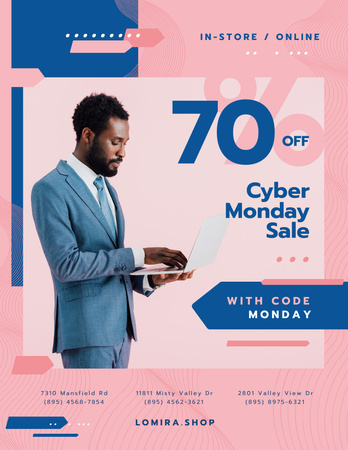Cyber Monday Sale Announcement with Man typing on Laptop Poster 8.5x11in Design Template