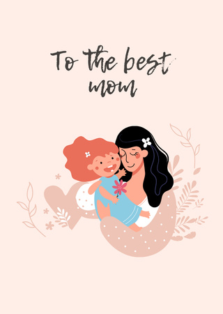 Mother's Day Holiday Greeting with Cartoon Mom and Daughter Postcard A6 Vertical Design Template
