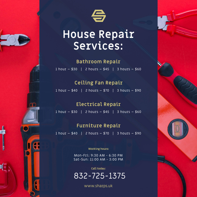 Designvorlage House Repair Services Ad Tools in Red für Instagram