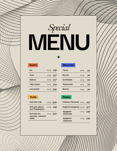Special Menu Announcement on Grey Menu 8.5x11in Design Template