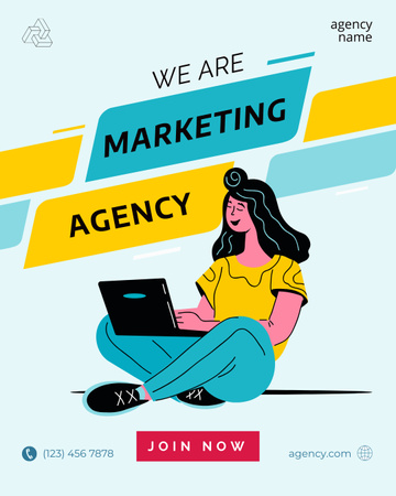 Template di design Proposta di servizio di agenzia di marketing con Cartoon Woman with Laptop Instagram Post Vertical