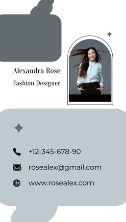 Plantilla de diseño de Tarjeta de introducción de diseñador de moda con mujer asiática atractiva Business Card US Vertical 