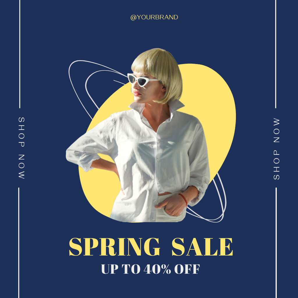 Designvorlage Spring Sale with Stylish Blonde Woman in Glasses für Instagram AD