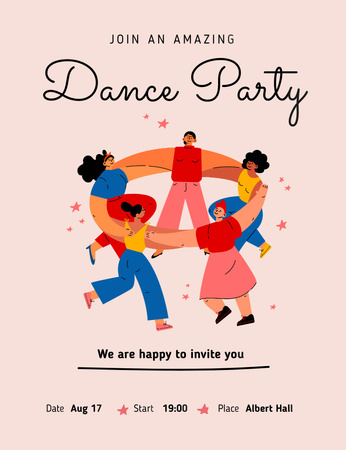 Dance Party Announcement with People Dancing in Circle Invitation 13.9x10.7cm Design Template