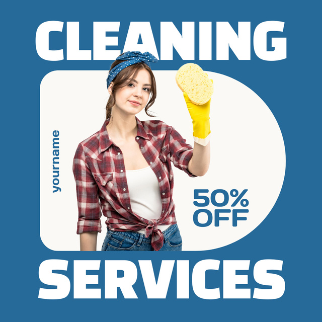 Eco-friendly Cleaning Services Ad with Girl in Yellow Gloves Instagram ADデザインテンプレート