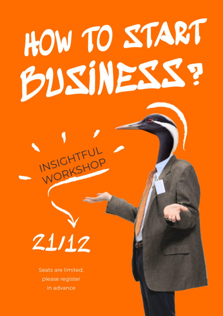 Plantilla de diseño de Business Event Announcement with Funny Bird in Suit Flyer A4 