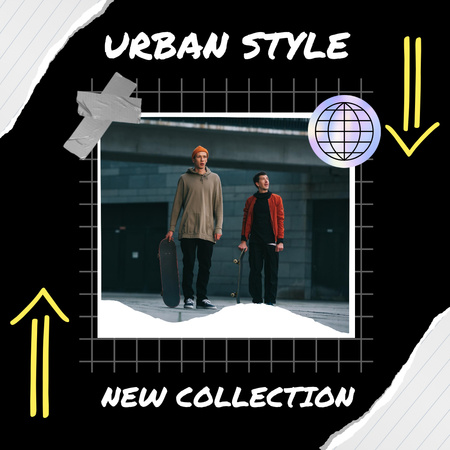 Designvorlage Ankündigung der Urban Style Kollektion mit Skateboardern für Instagram