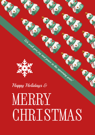 Plantilla de diseño de Christmas Greeting with Green Trees on Red Postcard A5 Vertical 