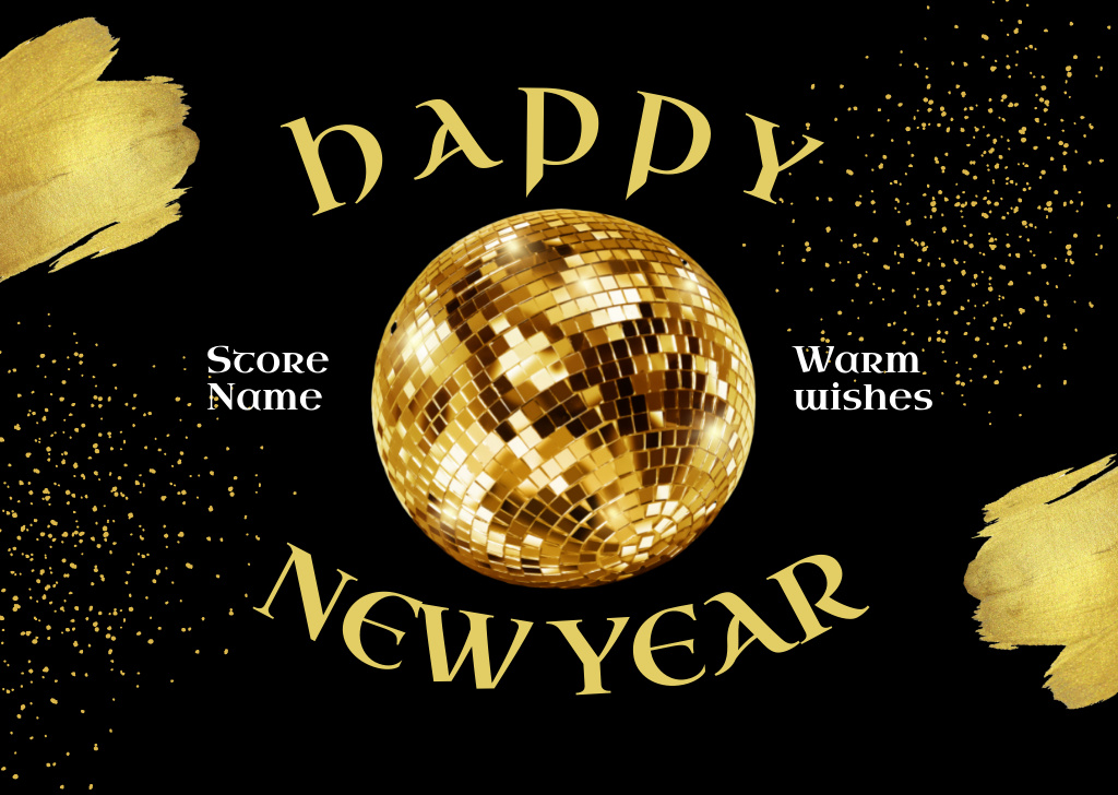 Bright New Year Holiday Greeting with Golden Disco Ball Postcard Modelo de Design