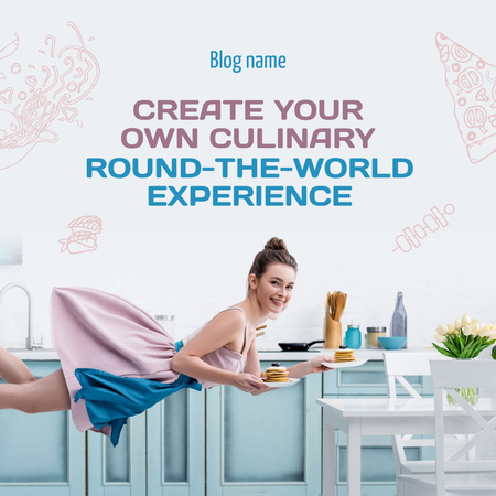 Attractive Young Woman in Apron Levitating in Kitchen Instagram Design Template