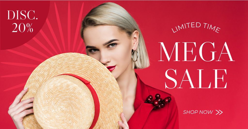 Announcement of Mega Sale with Beautiful Blonde in Red Facebook AD tervezősablon